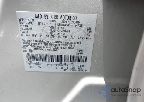 2007 Ford Edge Sel Plus z USA, uszkodzony, nr VIN 2FMDK39C77BB05861